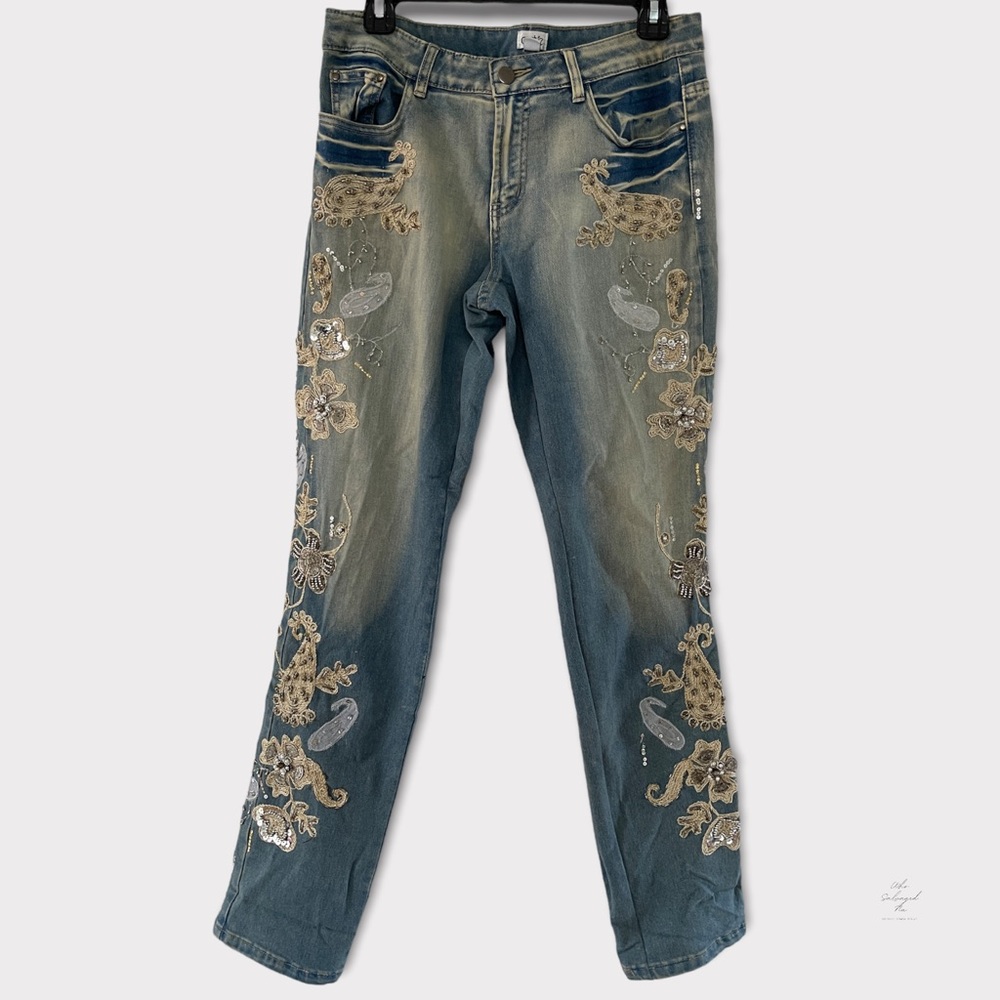 Cache Straight Leg Light Wash Denim Paisley Floral Embroidered Appliqué Jeans